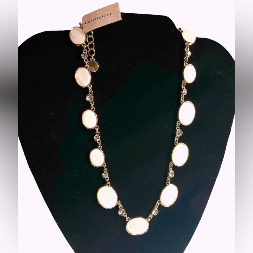 Charter Club Gold Necklace 17" Crystal Stone Shell Oval Circle Station New